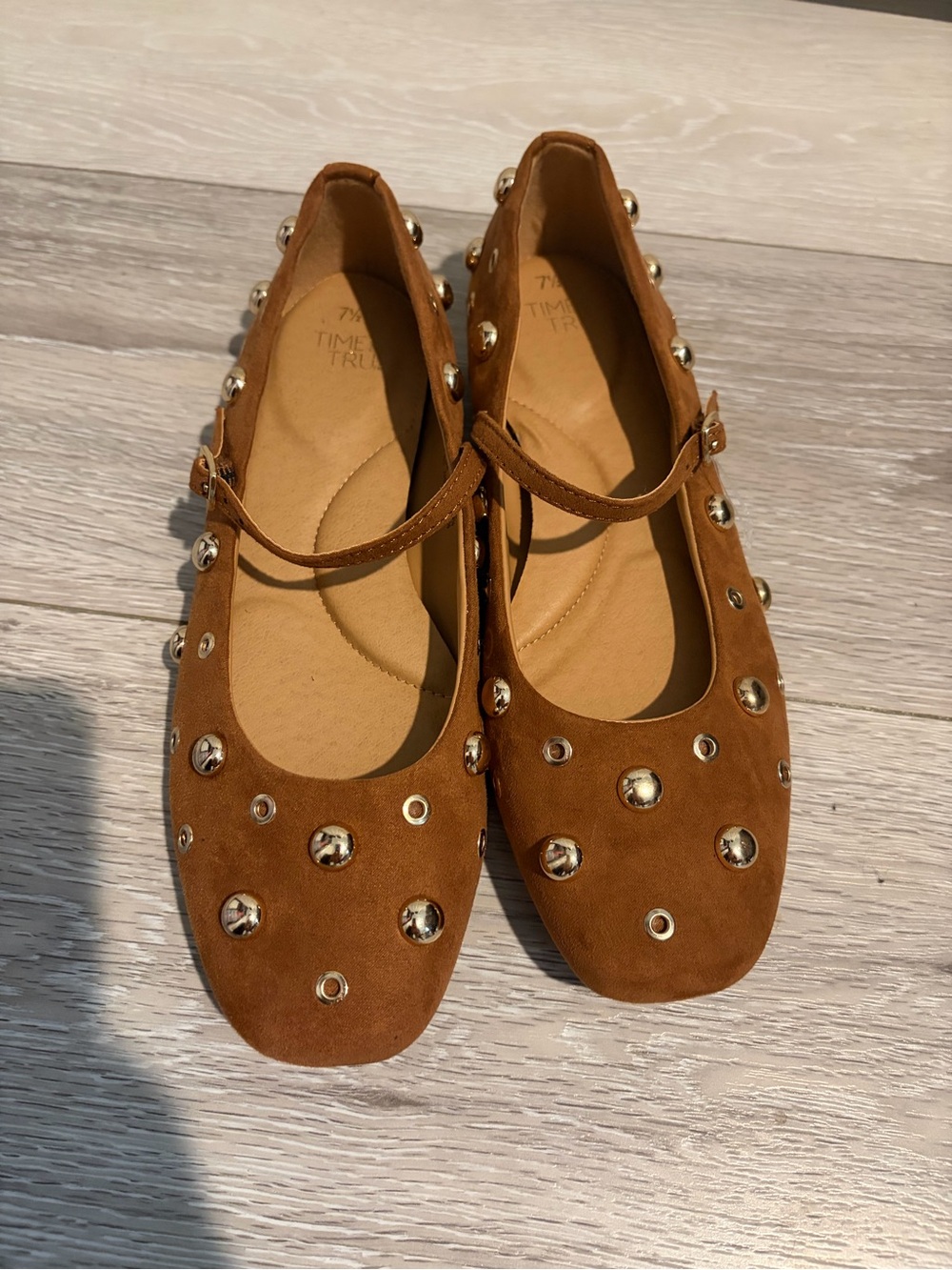 Time and Tru Cognac Studded Mary Jane Flats